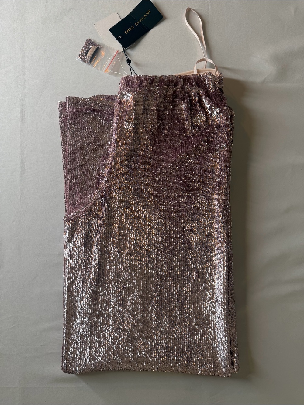 Emily Shalant NWT Ice Pink Ombré Sequin Palazzo Wide Leg Pants Size 8